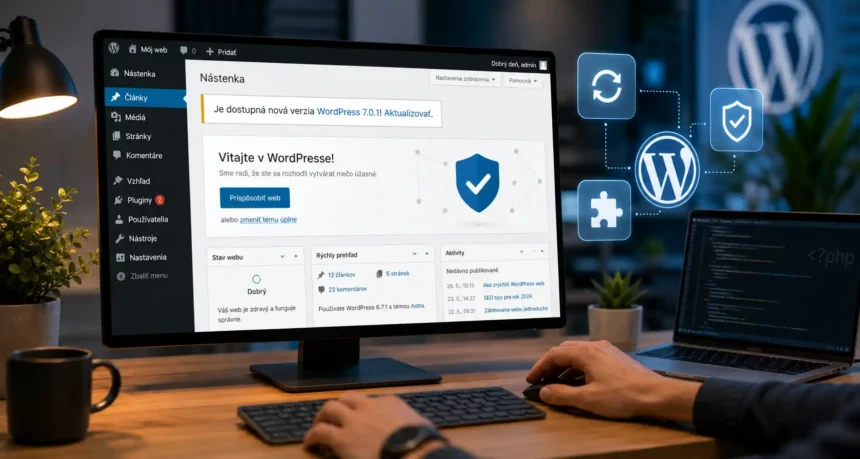 Vývojár pracuje vo WordPress administrácii v slovenskom jazyku, na monitore je zobrazené upozornenie na dostupnú aktualizáciu WordPressu, zatiaľ čo v pozadí sú prvky symbolizujúce bezpečnosť, kompatibilitu a správu webu.