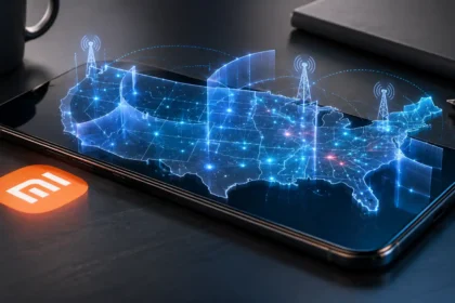 Smartfón na pracovnom stole so zobrazenou mapou USA a jemnými digitálnymi bariérami znázorňujúcimi distribúciu a mobilných operátorov.
