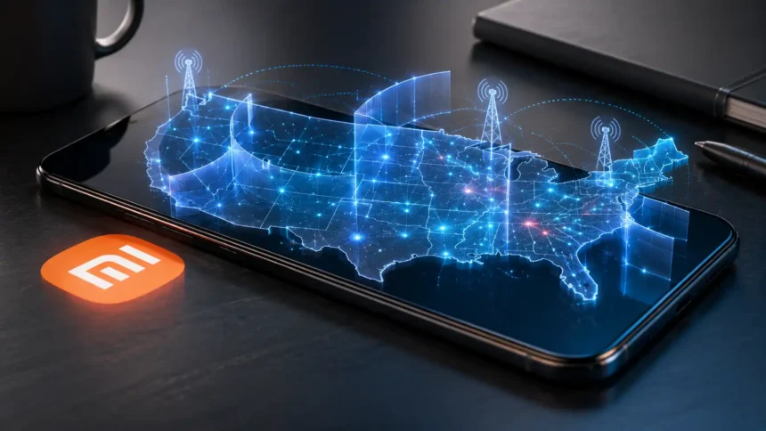 Smartfón na pracovnom stole so zobrazenou mapou USA a jemnými digitálnymi bariérami znázorňujúcimi distribúciu a mobilných operátorov.