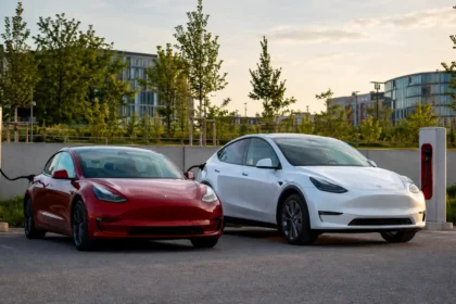 Červená Tesla Model 3 a biela Tesla Model Y stoja vedľa seba pri nabíjacích staniciach v modernom mestskom prostredí.