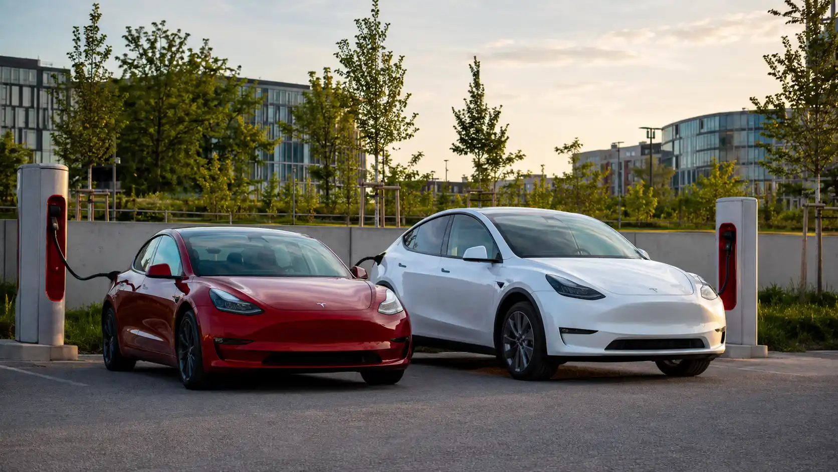 Červená Tesla Model 3 a biela Tesla Model Y stoja vedľa seba pri nabíjacích staniciach v modernom mestskom prostredí.