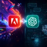 Adobe a ChatGPT prepojené digitálnou energiou v futuristickom prostredí s kreatívnymi nástrojmi a AI rozhraním.