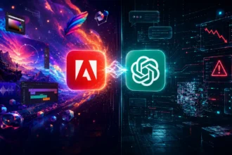 Adobe a ChatGPT prepojené digitálnou energiou v futuristickom prostredí s kreatívnymi nástrojmi a AI rozhraním.