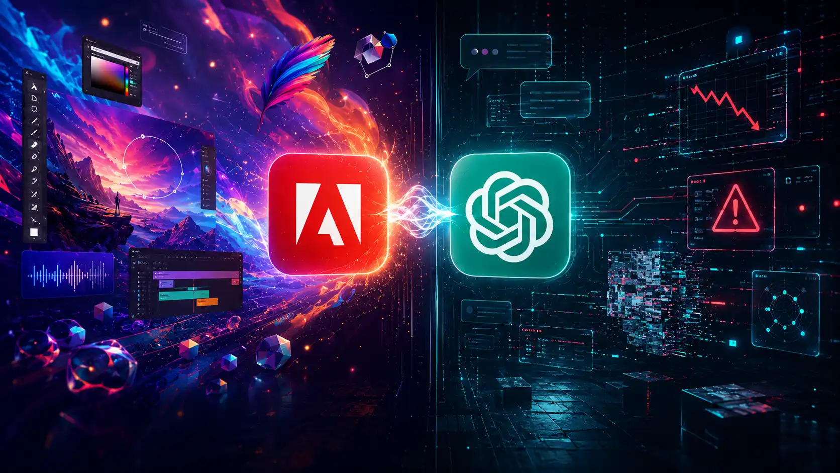 Adobe a ChatGPT prepojené digitálnou energiou v futuristickom prostredí s kreatívnymi nástrojmi a AI rozhraním.