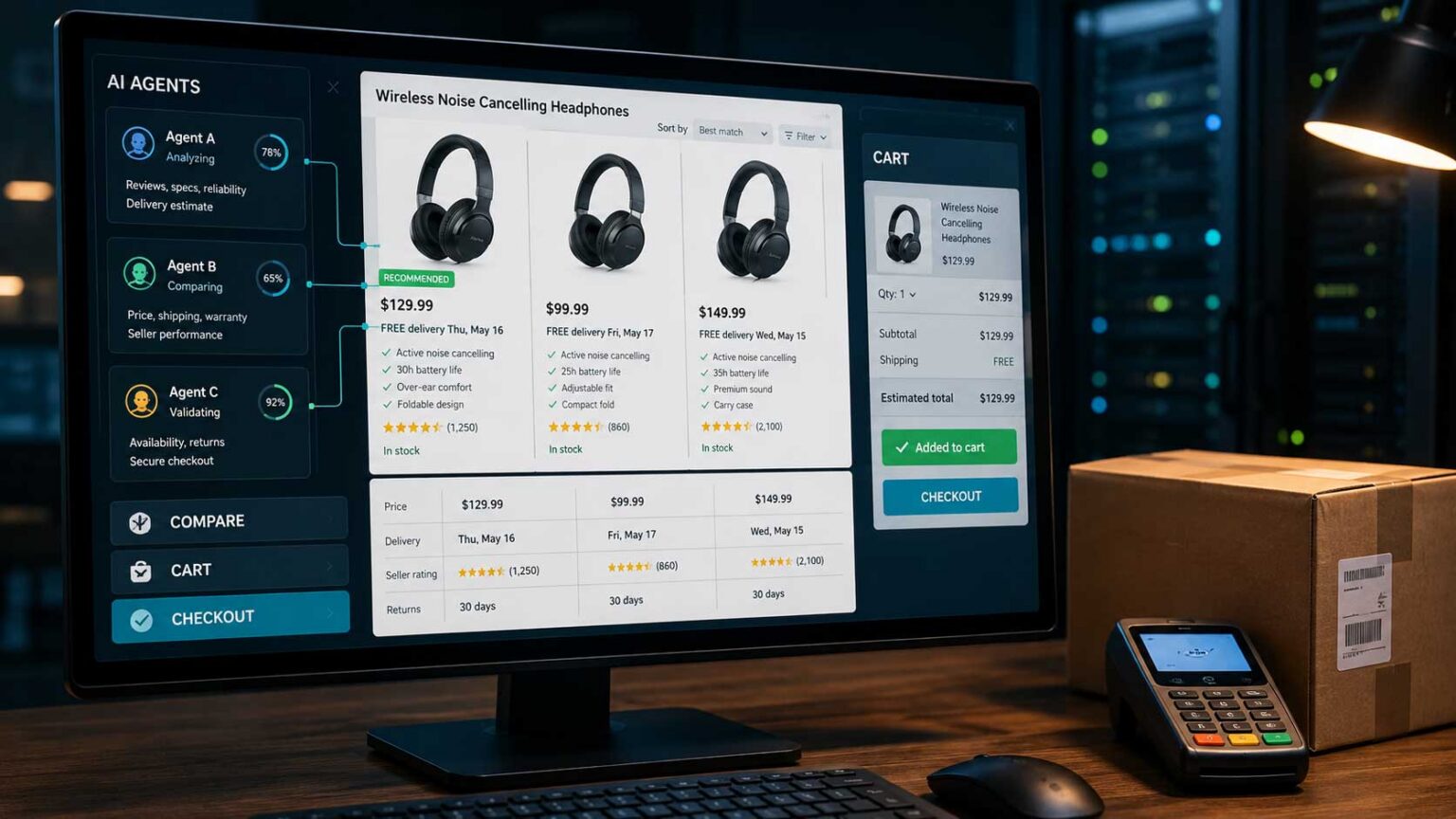 AI agenti na obrazovke e-shopu porovnávajú ceny a vlastnosti slúchadiel, vyberajú produkt a pripravujú dokončenie nákupu.