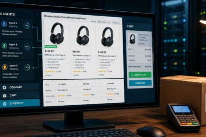 AI agenti na obrazovke e-shopu porovnávajú ceny a vlastnosti slúchadiel, vyberajú produkt a pripravujú dokončenie nákupu.