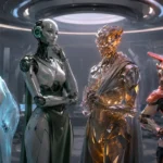 Štyri originálne sci-fi AI postavy s odlišným vzhľadom a osobnosťou stoja vo futuristickej riadiacej miestnosti.