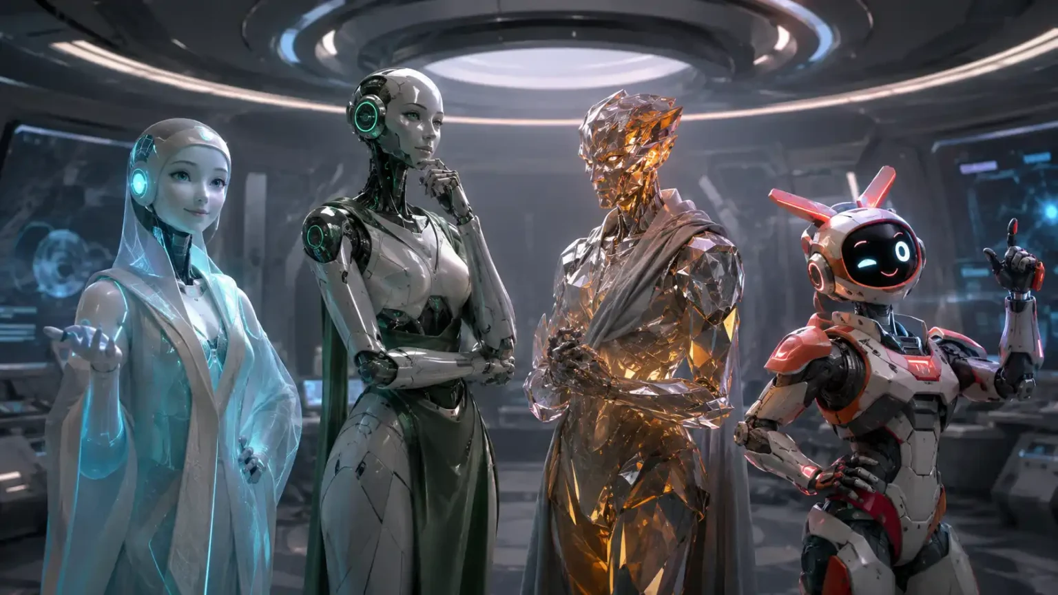 Štyri originálne sci-fi AI postavy s odlišným vzhľadom a osobnosťou stoja vo futuristickej riadiacej miestnosti.