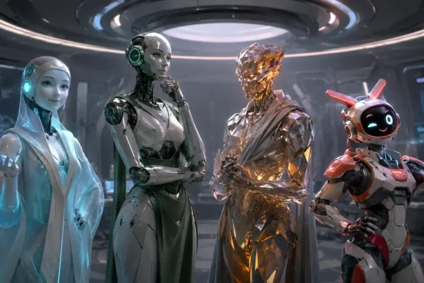 Štyri originálne sci-fi AI postavy s odlišným vzhľadom a osobnosťou stoja vo futuristickej riadiacej miestnosti.