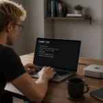 Vývojár pripája Claude Code k vlastnému MCP serveru spustenému lokálne na zariadení vedľa notebooku.