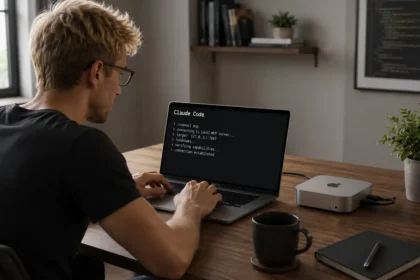 Vývojár pripája Claude Code k vlastnému MCP serveru spustenému lokálne na zariadení vedľa notebooku.
