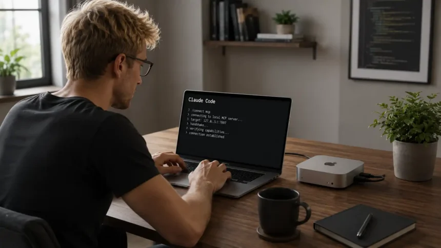 Vývojár pripája Claude Code k vlastnému MCP serveru spustenému lokálne na zariadení vedľa notebooku.
