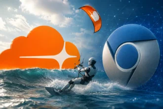 Montáž symbolov Cloudflare a webového prehliadača s robotom na kite, ktorá ilustruje autonómne prehliadanie webu umelou inteligenciou.