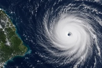 Mohutný hurikán s výrazným okom a špirálovitými oblačnými pásmi nad oceánom pri pobreží.