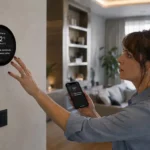 Žena sa v modernej inteligentnej domácnosti pokúša zmeniť nastavenie klimatizácie, no smart termostat zmenu zamieta ako blokovanú sieťou.