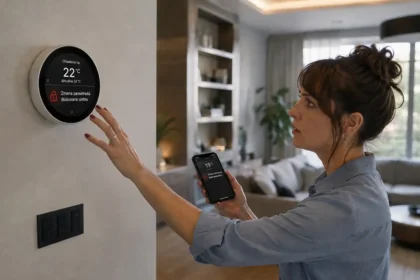Žena sa v modernej inteligentnej domácnosti pokúša zmeniť nastavenie klimatizácie, no smart termostat zmenu zamieta ako blokovanú sieťou.