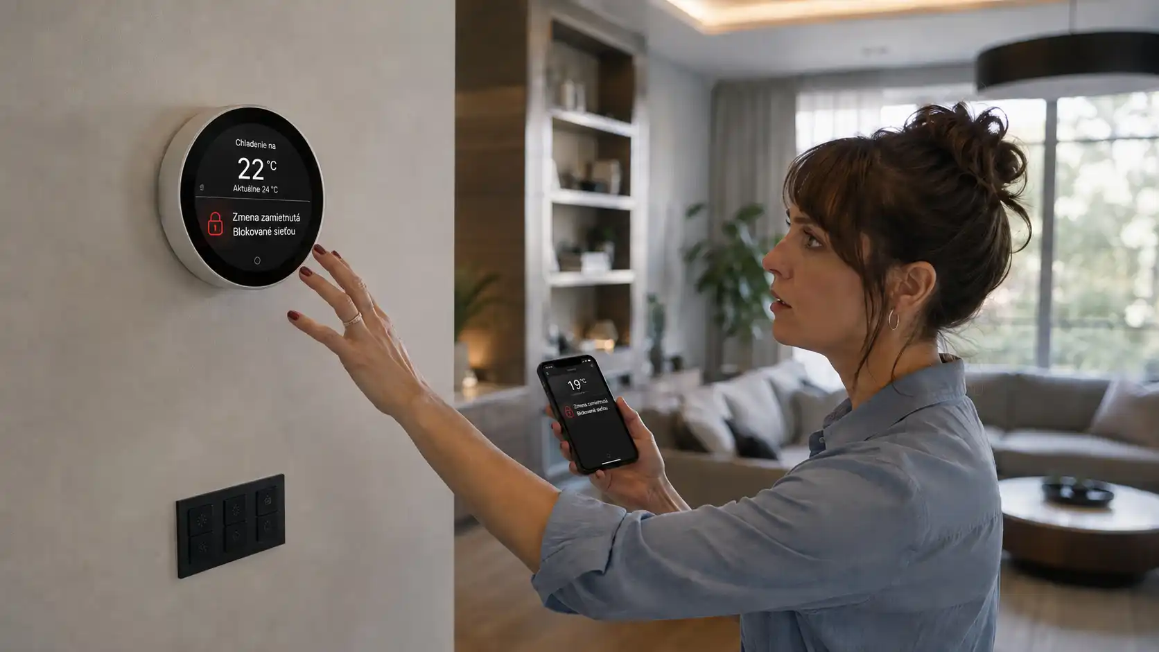 Žena sa v modernej inteligentnej domácnosti pokúša zmeniť nastavenie klimatizácie, no smart termostat zmenu zamieta ako blokovanú sieťou.