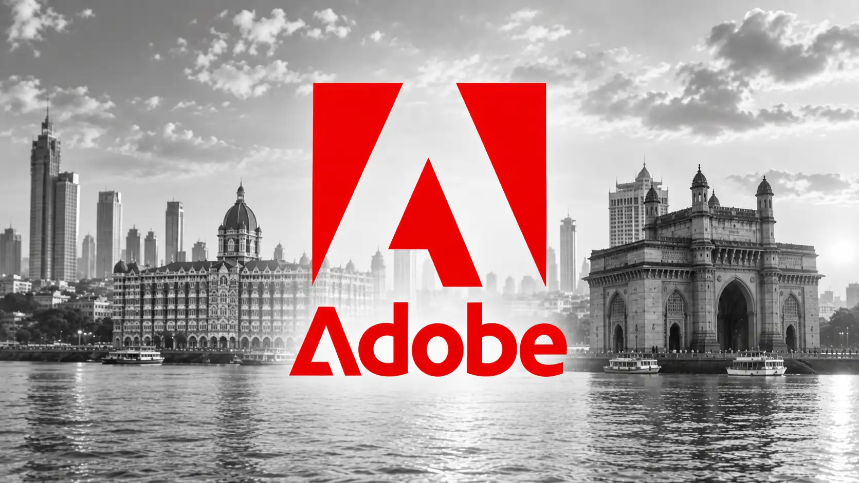 Čiernobiela panoráma Bombaja s Gateway of India a výrazným červeným logom Adobe v popredí.