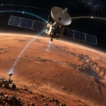 Telekomunikačný orbiter nad Marsom prepája svetelnými dátovými a navigačnými spojeniami rover na povrchu a kozmické lode na obežnej dráhe.