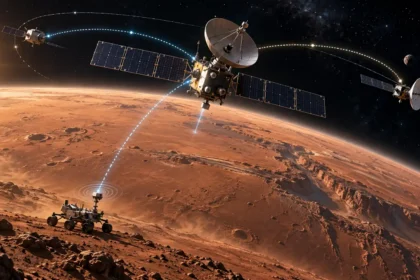 Telekomunikačný orbiter nad Marsom prepája svetelnými dátovými a navigačnými spojeniami rover na povrchu a kozmické lode na obežnej dráhe.