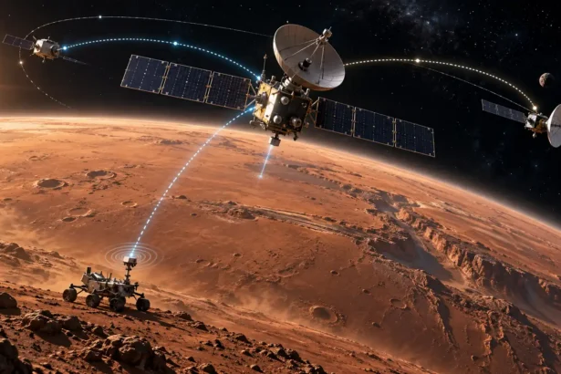 Telekomunikačný orbiter nad Marsom prepája svetelnými dátovými a navigačnými spojeniami rover na povrchu a kozmické lode na obežnej dráhe.