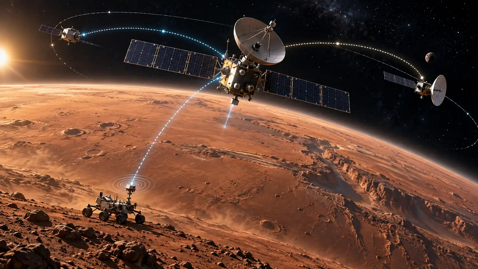 Telekomunikačný orbiter nad Marsom prepája svetelnými dátovými a navigačnými spojeniami rover na povrchu a kozmické lode na obežnej dráhe.