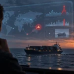 Nákladná loď na mori s analytickou dátovou vrstvou a červeným varovaním, ktoré symbolizuje chybnú spravodajskú informáciu vytvorenú AI.