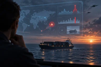 Nákladná loď na mori s analytickou dátovou vrstvou a červeným varovaním, ktoré symbolizuje chybnú spravodajskú informáciu vytvorenú AI.