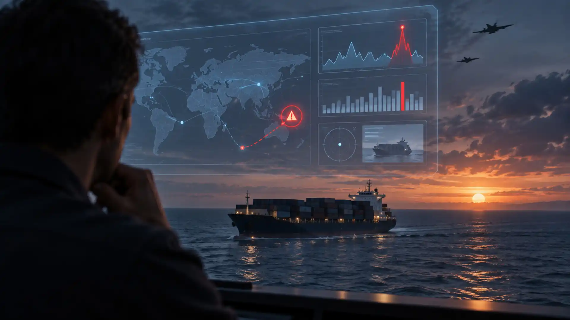 Nákladná loď na mori s analytickou dátovou vrstvou a červeným varovaním, ktoré symbolizuje chybnú spravodajskú informáciu vytvorenú AI.