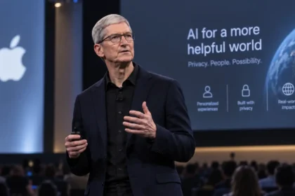 Tim Cook počas technologickej prezentácie o umelej inteligencii pred veľkým konferenčným publikom.