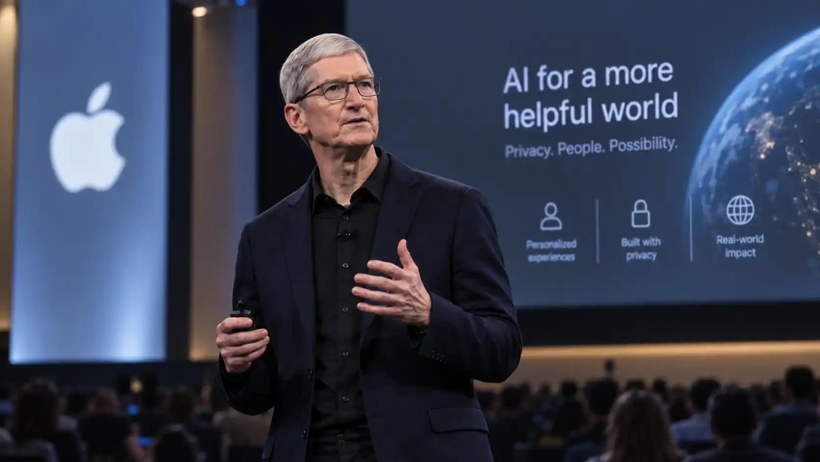 Tim Cook počas technologickej prezentácie o umelej inteligencii pred veľkým konferenčným publikom.