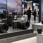 Výstavný priestor s bezzrkadlovkami a objektívmi, ktorý symbolicky porovnáva japonské fotoaparáty s novou čínskou konkurenciou.