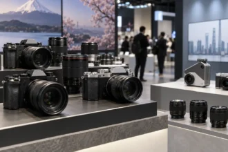Výstavný priestor s bezzrkadlovkami a objektívmi, ktorý symbolicky porovnáva japonské fotoaparáty s novou čínskou konkurenciou.