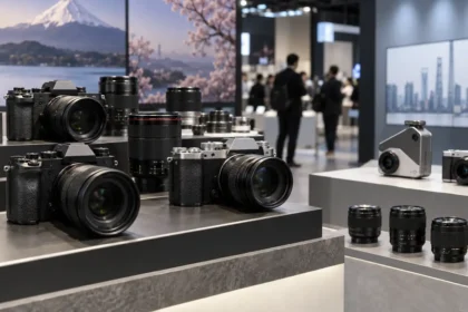 Výstavný priestor s bezzrkadlovkami a objektívmi, ktorý symbolicky porovnáva japonské fotoaparáty s novou čínskou konkurenciou.