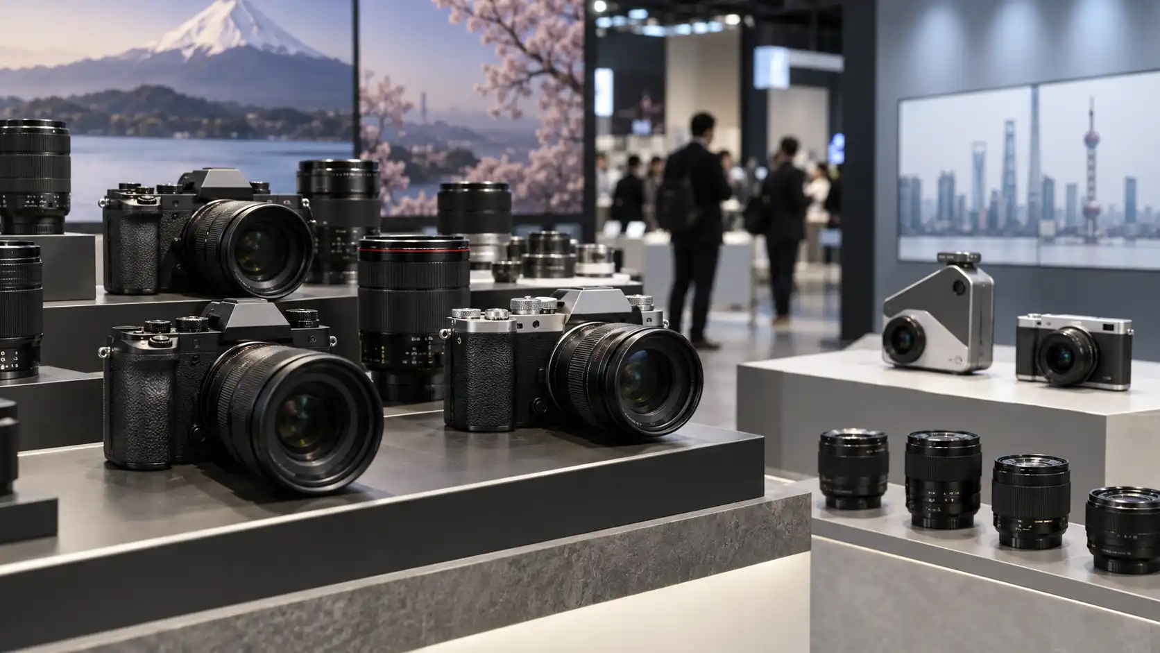 Výstavný priestor s bezzrkadlovkami a objektívmi, ktorý symbolicky porovnáva japonské fotoaparáty s novou čínskou konkurenciou.