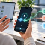 Alt text: Používateľka zadáva hlasovú požiadavku do mobilnej AI aplikácie, ktorá ju premieňa na úlohu, udalosť v kalendári a dokument.