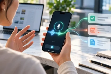 Alt text: Používateľka zadáva hlasovú požiadavku do mobilnej AI aplikácie, ktorá ju premieňa na úlohu, udalosť v kalendári a dokument.