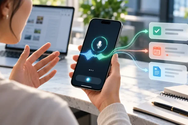 Alt text: Používateľka zadáva hlasovú požiadavku do mobilnej AI aplikácie, ktorá ju premieňa na úlohu, udalosť v kalendári a dokument.