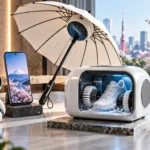 Kolekcia japonských gadgetov vrátane malého AI robota, smartfónu, slnečníka s ventilátorom a kompaktnej práčky na topánky.
