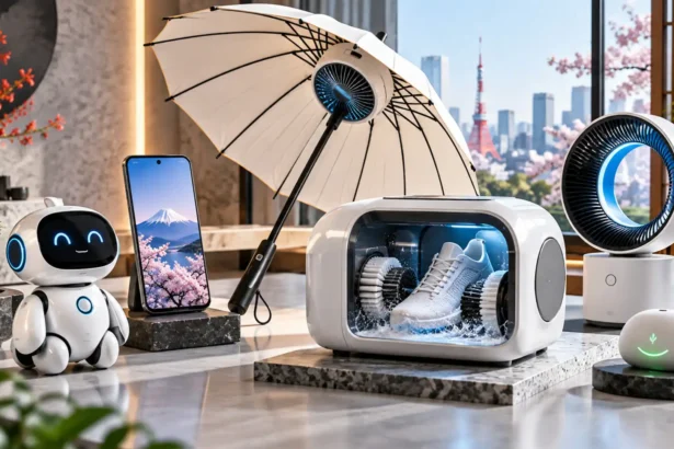 Kolekcia japonských gadgetov vrátane malého AI robota, smartfónu, slnečníka s ventilátorom a kompaktnej práčky na topánky.