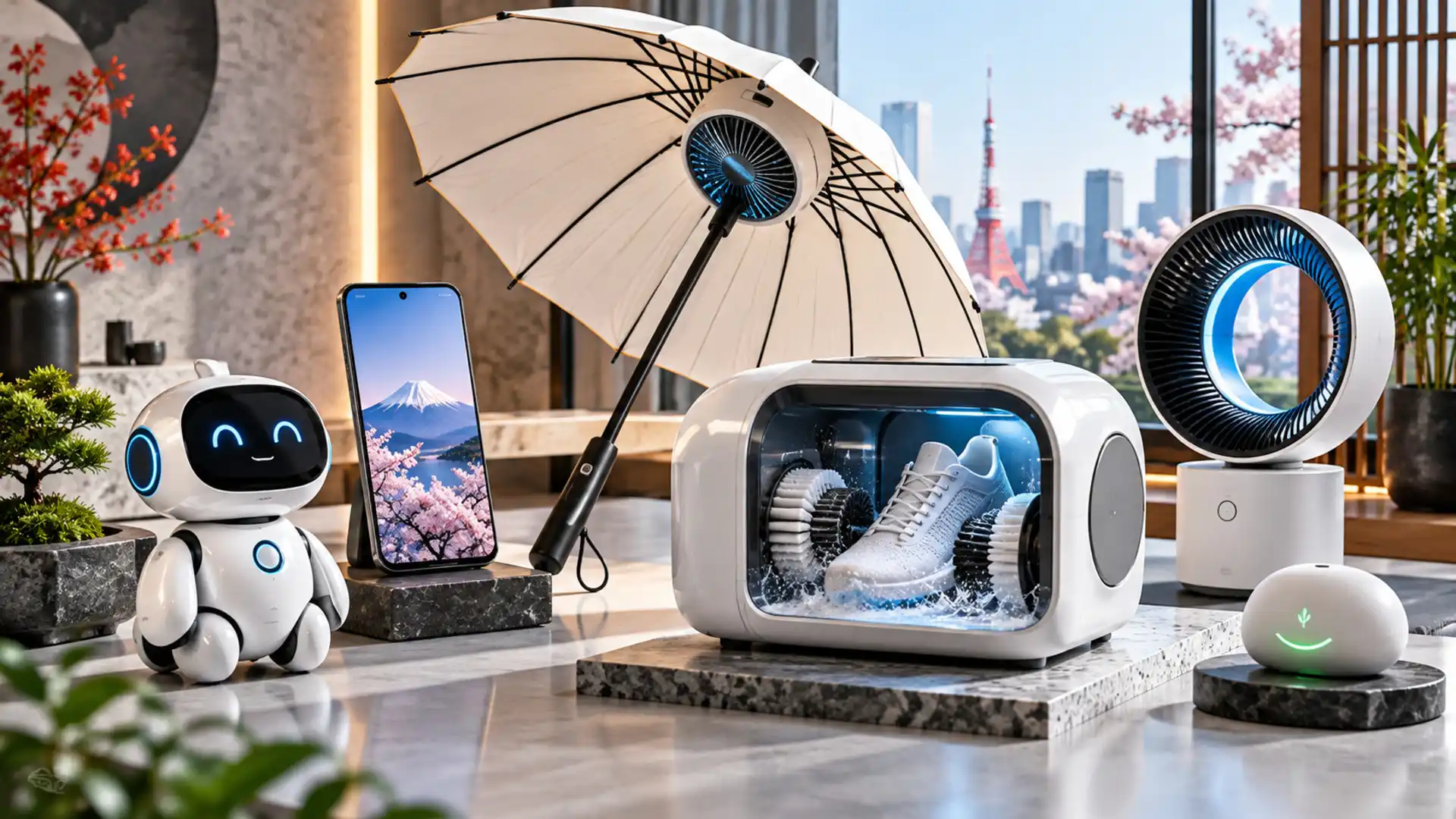 Kolekcia japonských gadgetov vrátane malého AI robota, smartfónu, slnečníka s ventilátorom a kompaktnej práčky na topánky.