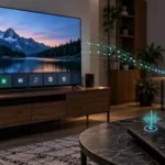 Smart televízor v obývačke prepojený s domácou Wi-Fi sieťou, s ovládačom zobrazujúcim aktívny mikrofón.