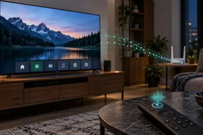 Smart televízor v obývačke prepojený s domácou Wi-Fi sieťou, s ovládačom zobrazujúcim aktívny mikrofón.