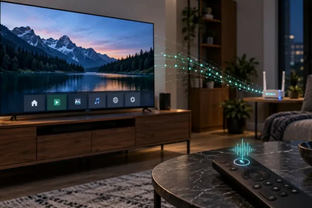 Smart televízor v obývačke prepojený s domácou Wi-Fi sieťou, s ovládačom zobrazujúcim aktívny mikrofón.