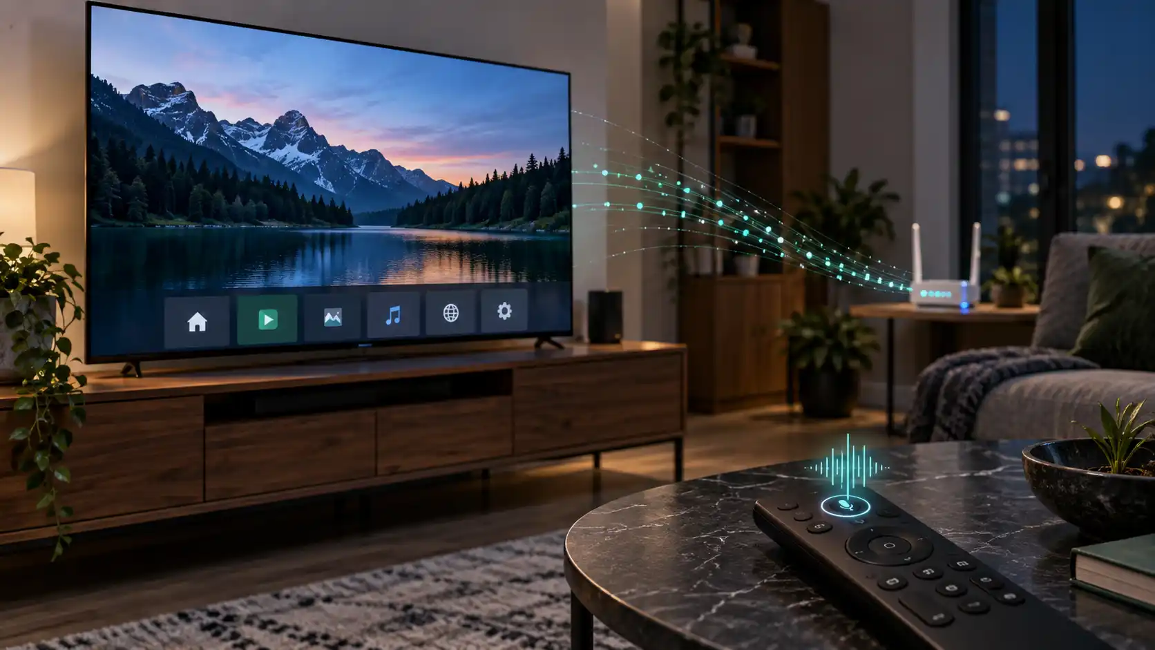 Smart televízor v obývačke prepojený s domácou Wi-Fi sieťou, s ovládačom zobrazujúcim aktívny mikrofón.