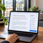 Laptop na pracovnom stole zobrazuje text s AI návrhmi na úpravy, pri klávesnici je vidieť ruku používateľa.