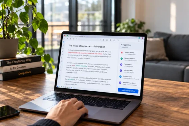 Laptop na pracovnom stole zobrazuje text s AI návrhmi na úpravy, pri klávesnici je vidieť ruku používateľa.