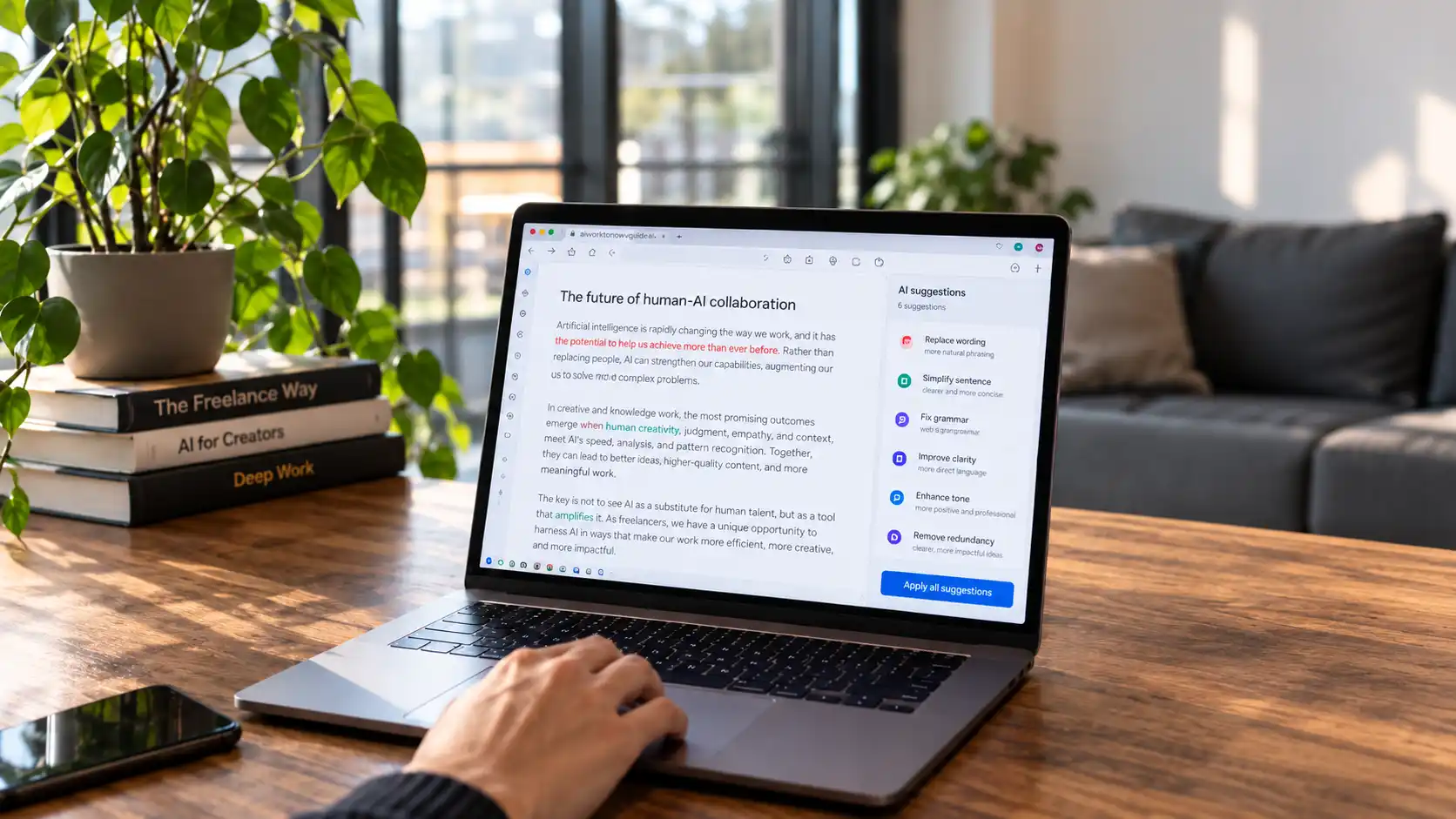 Laptop na pracovnom stole zobrazuje text s AI návrhmi na úpravy, pri klávesnici je vidieť ruku používateľa.