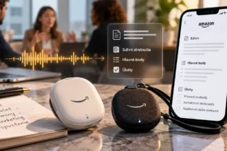 Osobné AI záznamníky Amazon Bee Frontier a Bee Eclipse na pracovnom stole vedľa smartfónu, ktorý zobrazuje automaticky vytvorené súhrny stretnutí, hlavné body a úlohy.