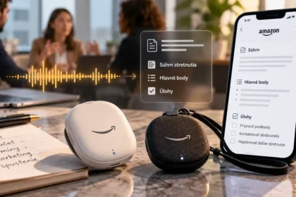 Osobné AI záznamníky Amazon Bee Frontier a Bee Eclipse na pracovnom stole vedľa smartfónu, ktorý zobrazuje automaticky vytvorené súhrny stretnutí, hlavné body a úlohy.